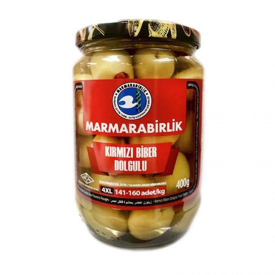 Marmarabirlik Green Olives Stuffed with Red Peppers 4XL 400 Gr_6307606a56616.png Marmarabirlik Green Olives Stuffed with Red Peppers 4XL 400 Gr - Image 1